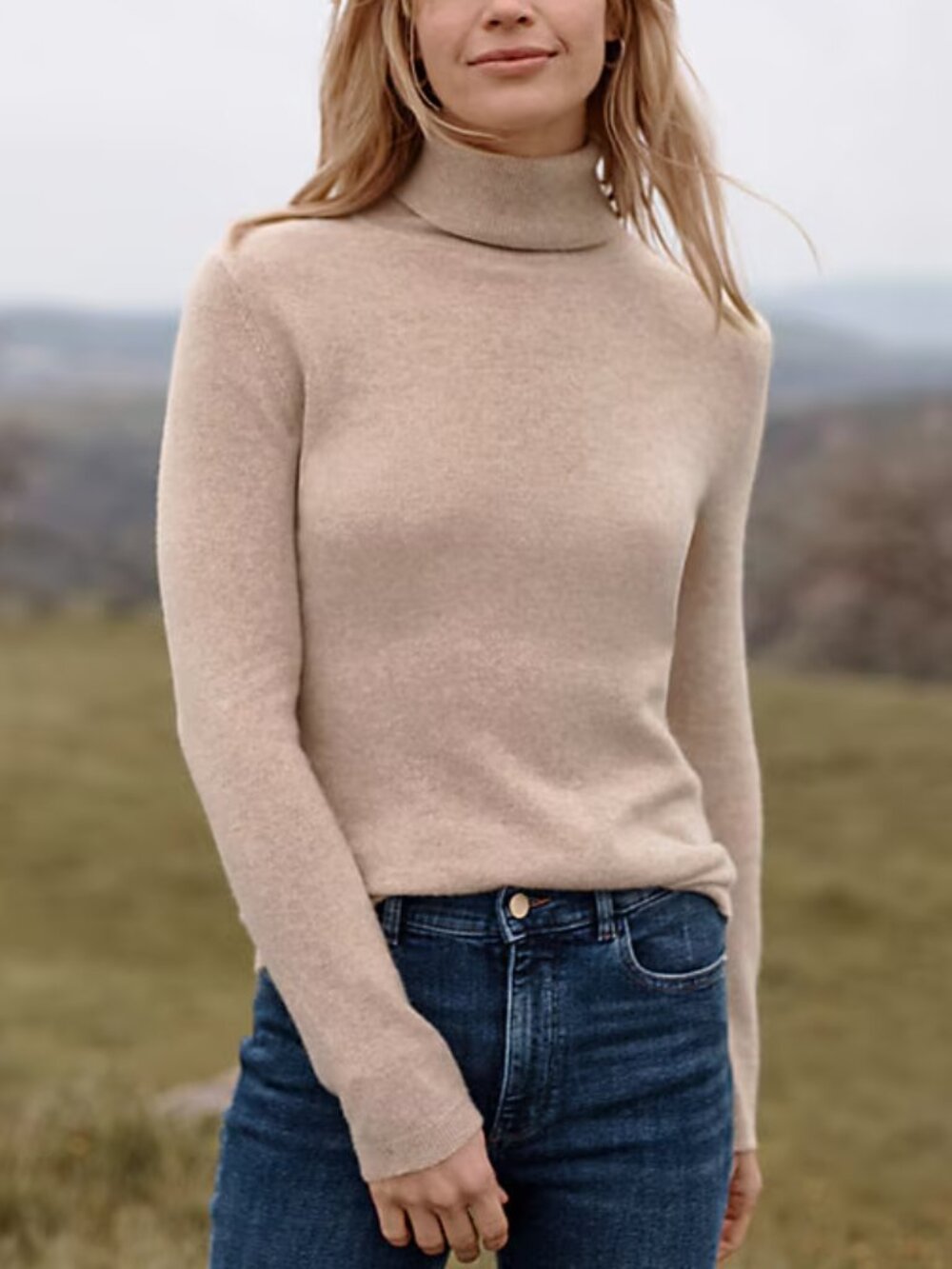 Garnet Hill Essential Cashmere Turtleneck Sweater in Neutral Oat Heather size M
